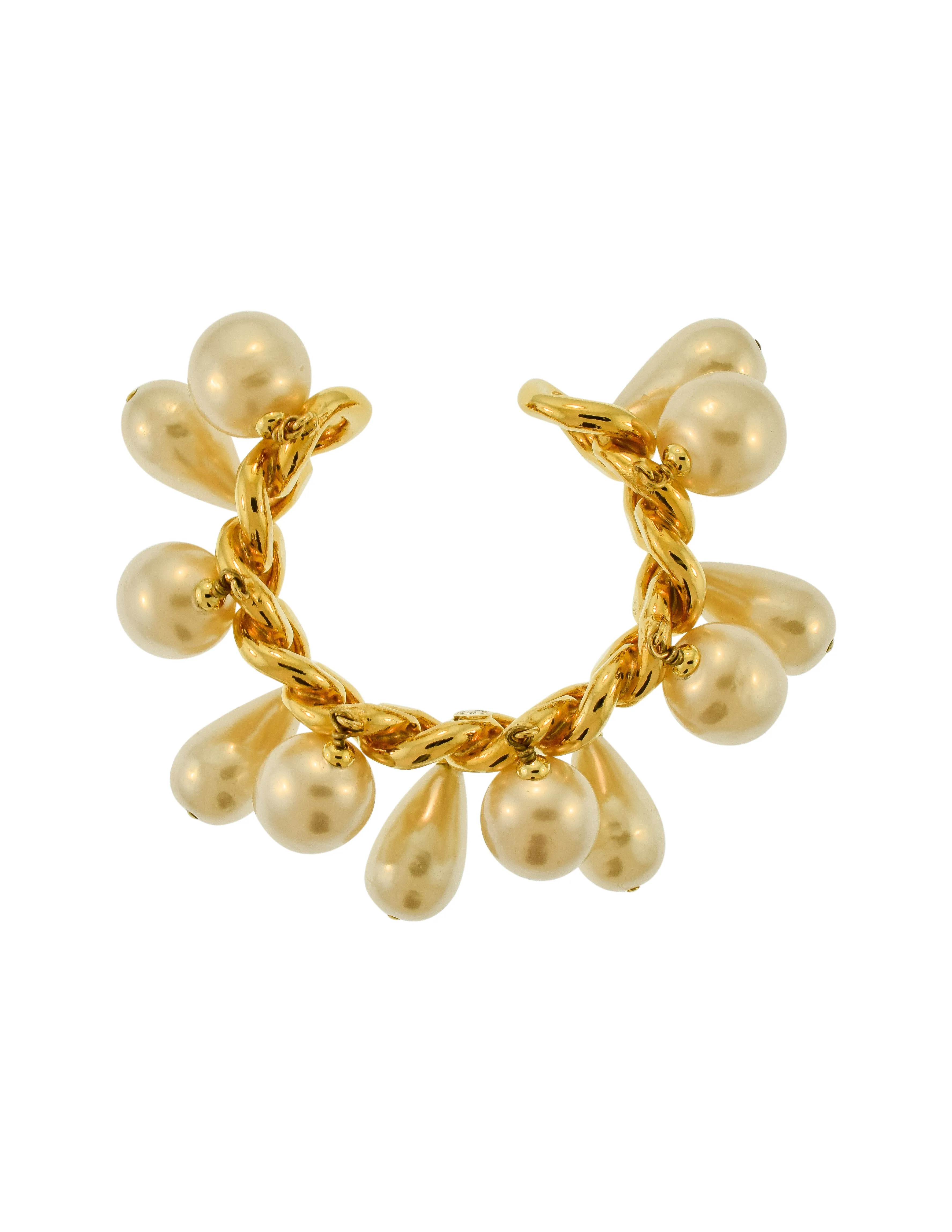 Chanel Vintage Oversized Dangling Pearl Gold Chain Cuff Bracelet
