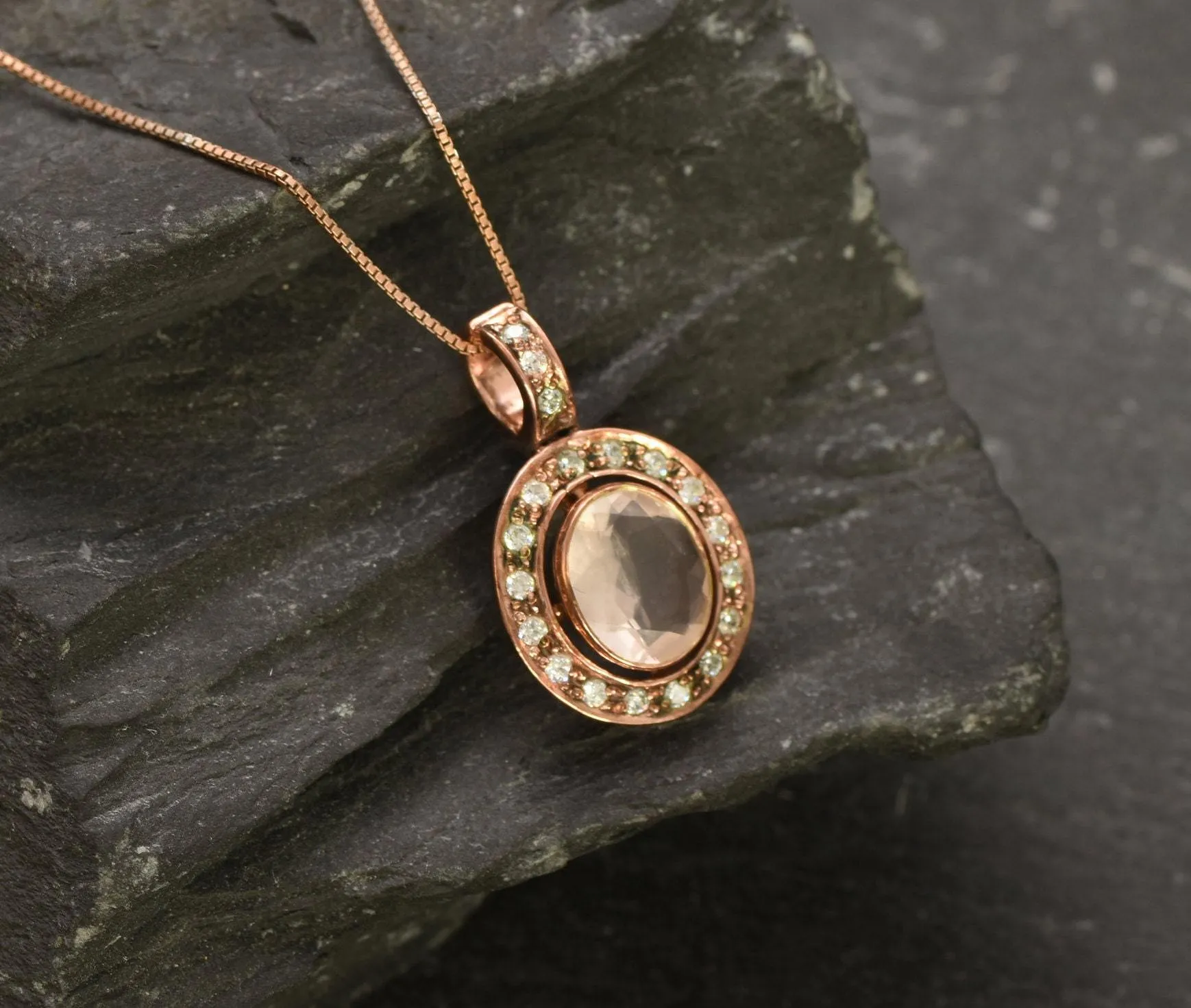Rose Quartz Necklace - Pink Quartz Necklace - Rose Gold Vintage Pendant